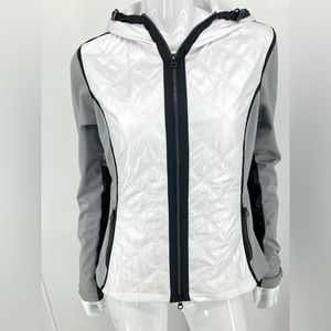 Athleta White with Black & Gray Trim Hooded Zipper Front Size M Gently Used